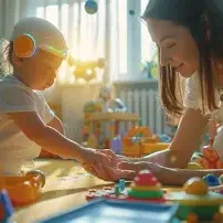 Une mère joue avec deux jeunes enfants et des jouets colorés sur un tapis.